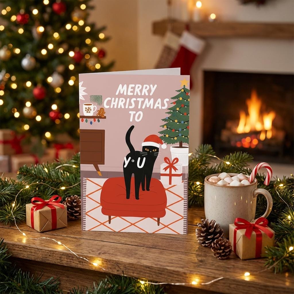 Funny Cat Christmas Card - Christmas Lover Cat - Funny Xmas Cards For Cat Lovers - Cat wishes you Merry Christmas to you, cat mums postcard