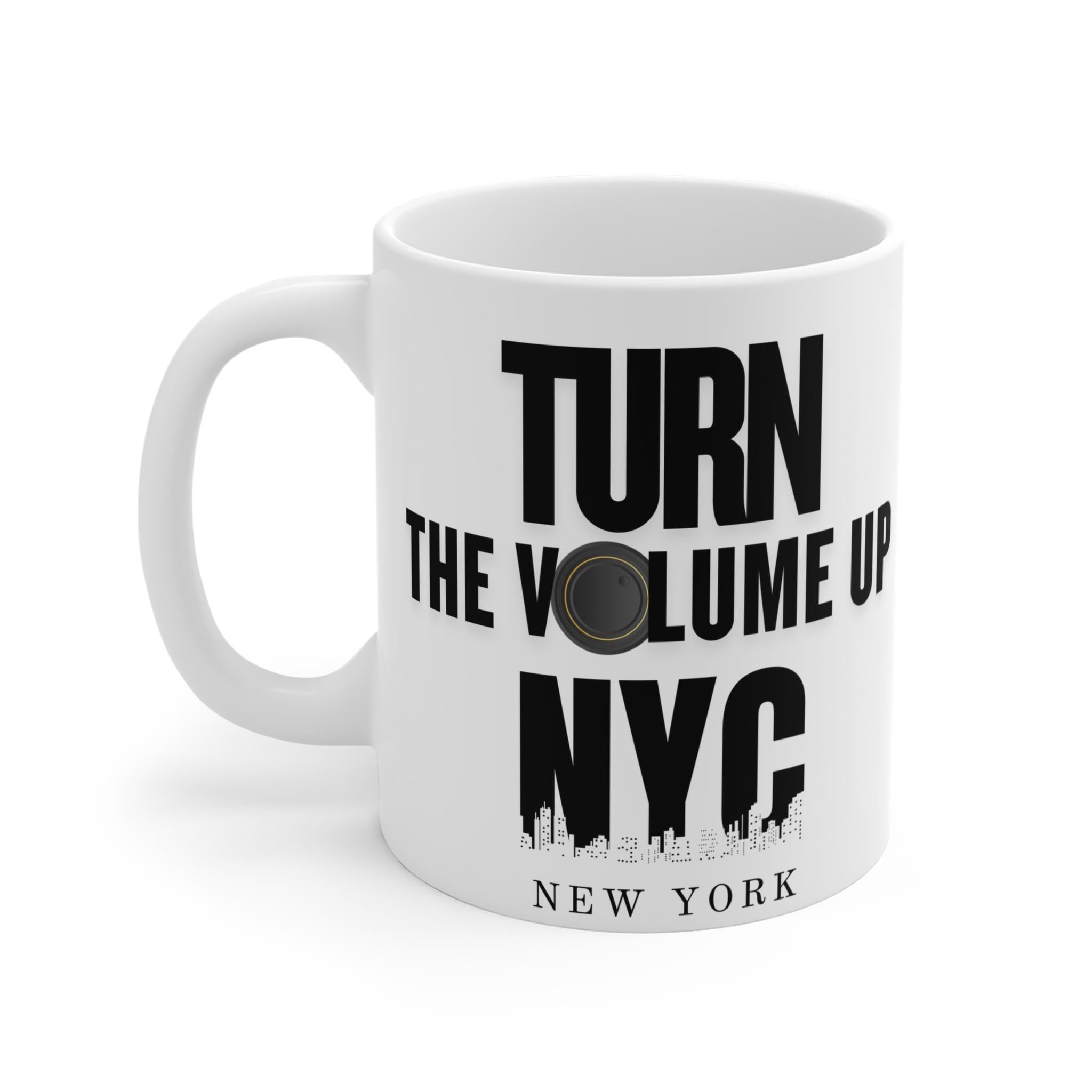 Turn the Volume Up NYC Mug | New York skyline, speaker graphic
