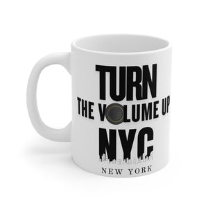 Turn the Volume Up NYC Mug | New York skyline, speaker graphic
