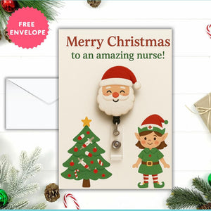 Christmas Greeting Card for Nurse – Santa, Nurse Elf & Medical Tree Design, A5 Funny Holiday Card, Merry Christmas to an Amazing Nurse
