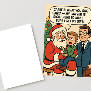 Funny Christmas Card | Funny Santa Cartoon | Kid with Lawyer Christmas Gift | Holiday Humor Print | Santa Claus Joke Poster