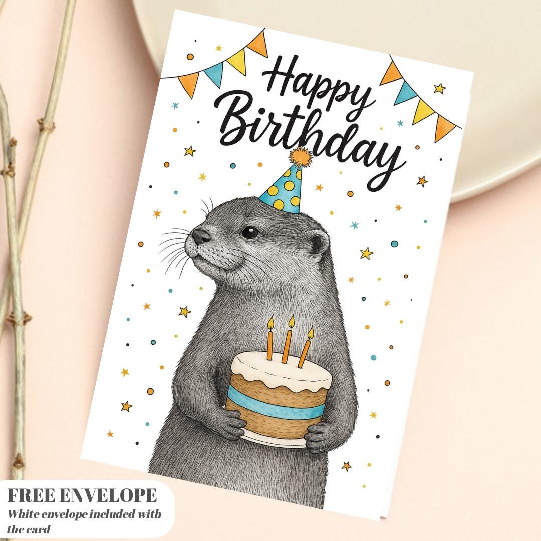 Otter Birthday card animal birthday card wildlife art card hand drawn animal art cute otter card
