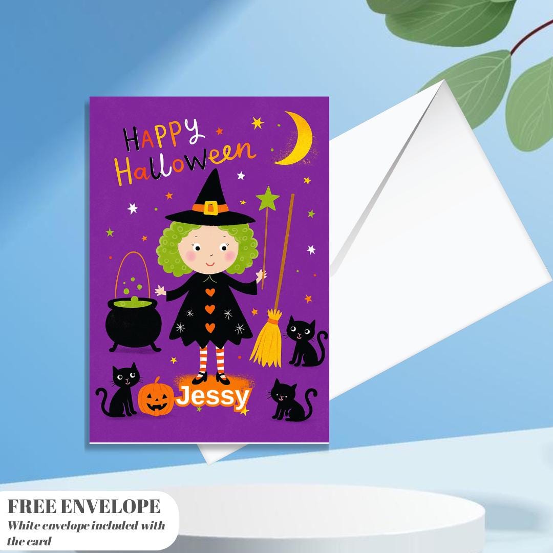 Personalised Halloween Card - Little Witch - Cheeky Gift For Cat Lovers - For Sister Brother Friends