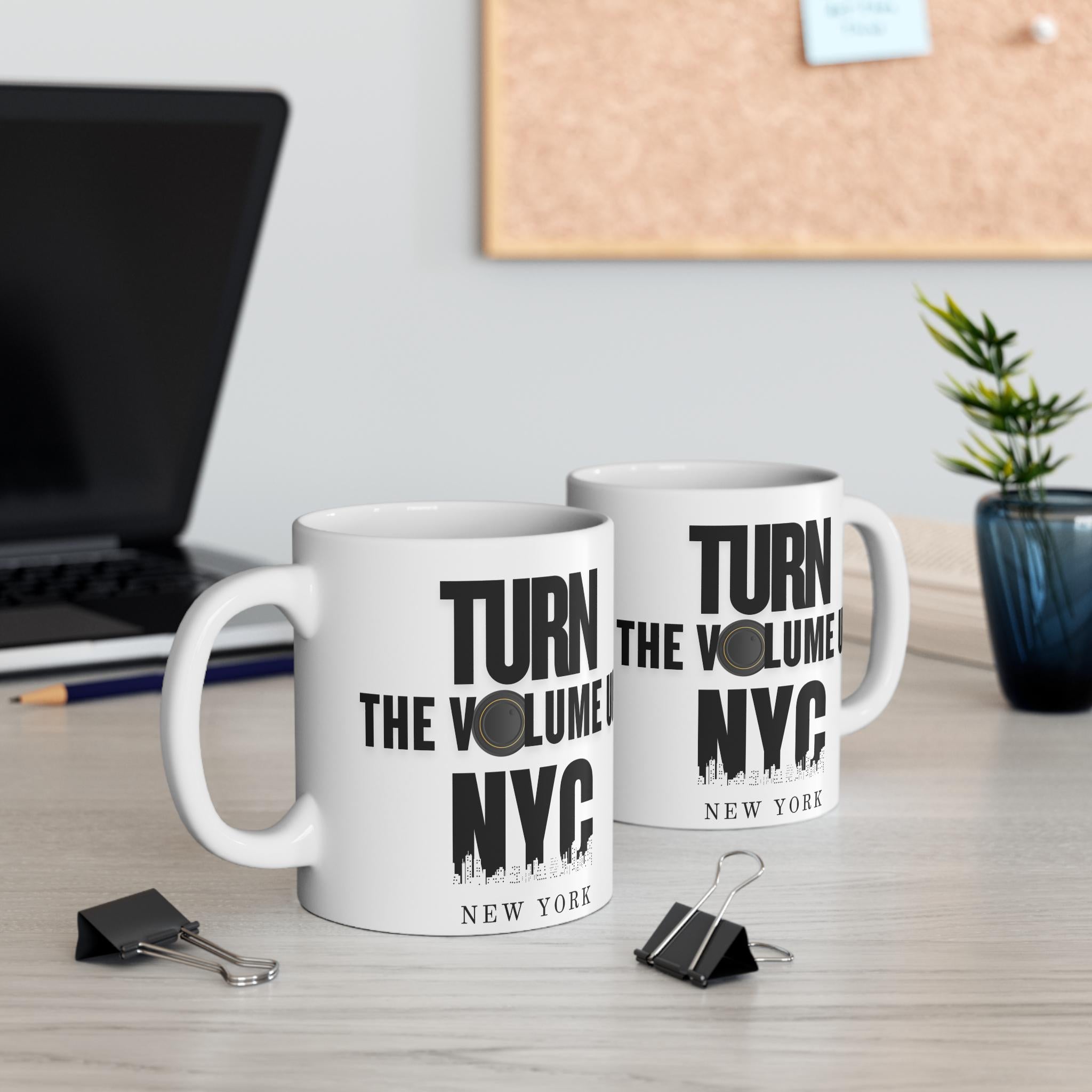 Turn the Volume Up NYC Mug | New York skyline, speaker graphic