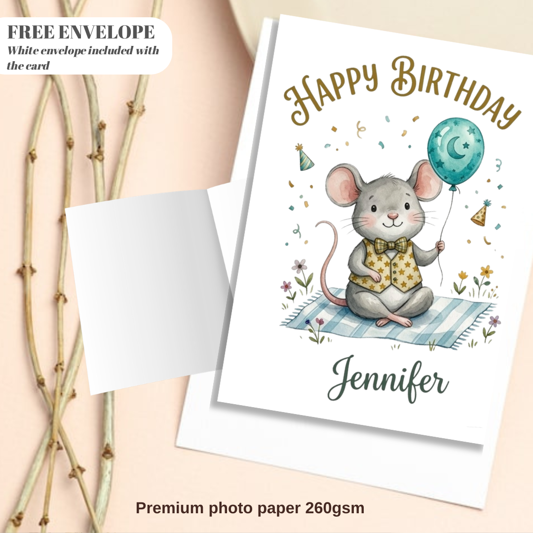 Personalised Happy Birthday Mouse Card – Cute Watercolor Mouse with Balloon & Bow Tie | Custom Name Ireland