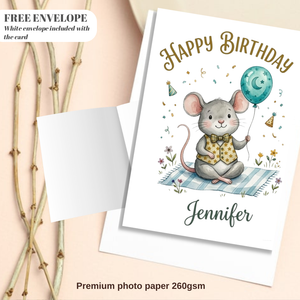 Personalised Happy Birthday Mouse Card – Cute Watercolor Mouse with Balloon & Bow Tie | Custom Name Ireland