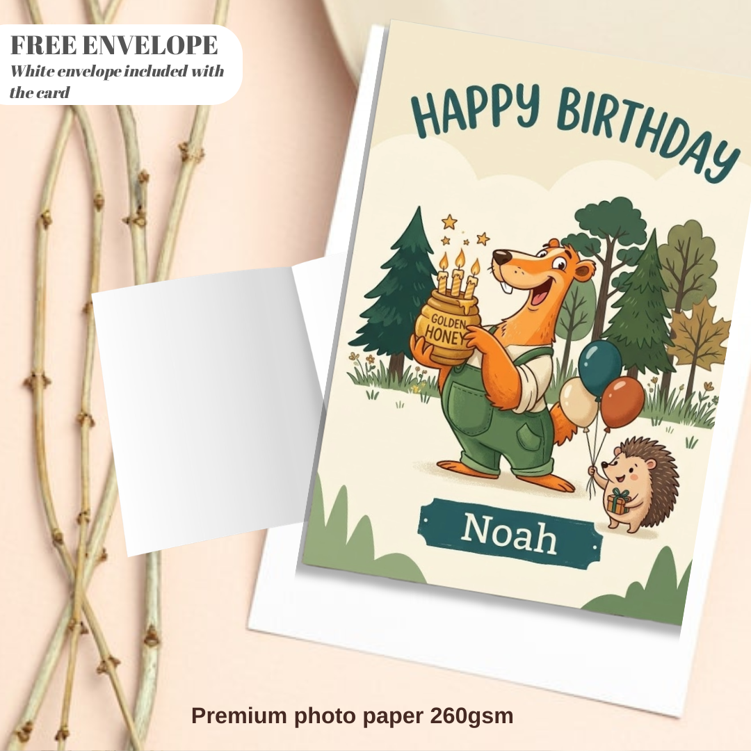 Personalised Happy Birthday Badger & Hedgehog Card – Custom Kids Birthday Card with Honey Jar & Balloons | Ireland