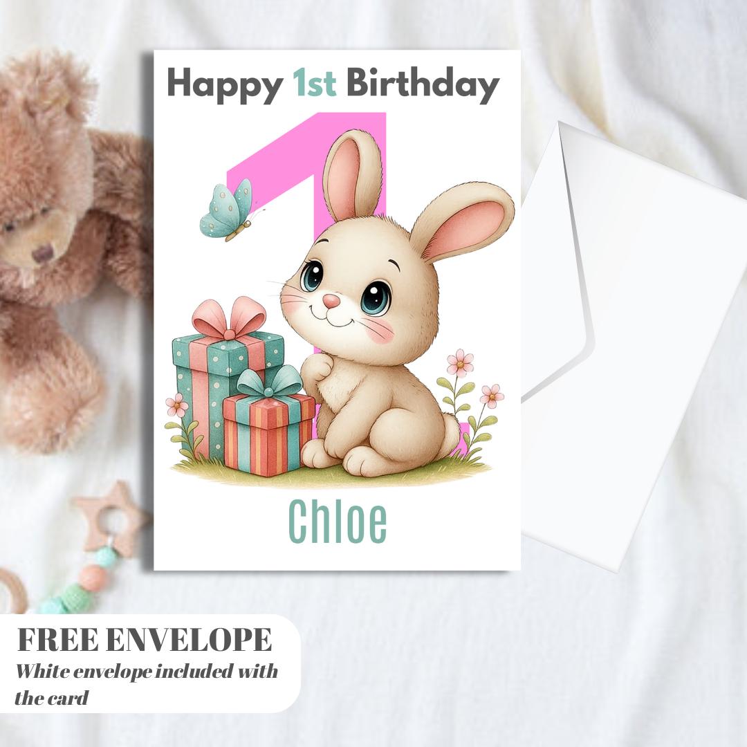 Rabbit 1st Birthday Card | Personalised Baby Girl Greeting Card | Custom Number Card for your niece from grandma, aunt or loved one