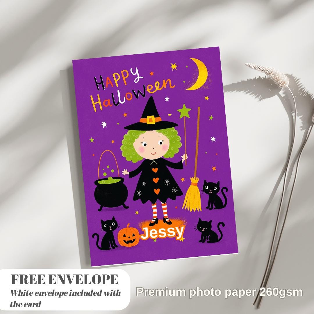 Personalised Halloween Card - Little Witch - Cheeky Gift For Cat Lovers - For Sister Brother Friends