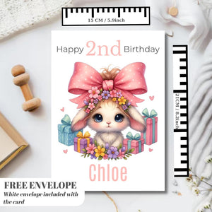 Happy 2nd Rabbit  Birthday Card | Personalised Baby Girl Greeting Card | Custom Number Card for your niece from grandma, aunt or loved one