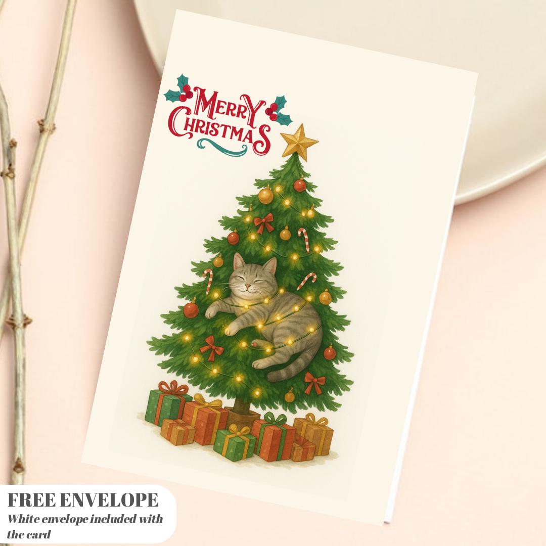 Christmas Tree Cat Card - Christmas Lover Cat - Funny Tree  Cards For Cat Lovers - Cat wishes you Merry Christmas to you, cat mums postcard