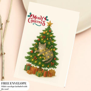 Christmas Tree Cat Card - Christmas Lover Cat - Funny Tree  Cards For Cat Lovers - Cat wishes you Merry Christmas to you, cat mums postcard
