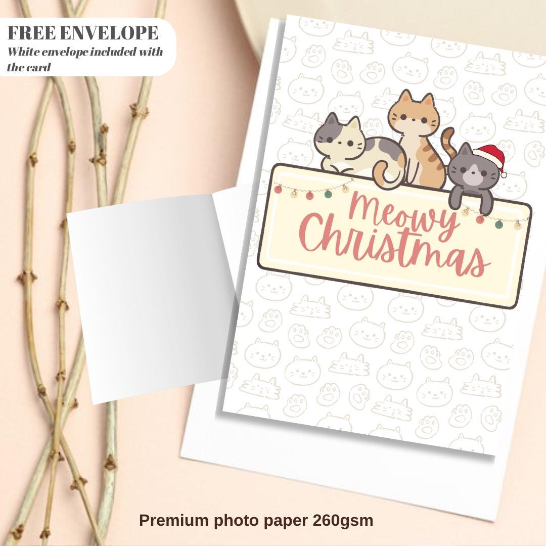 Funny Cat Meowy Christmas Card Cat - Funny Xmas Cards For Cat Lovers - Cat Meowy wishes, cat mums Funny Cat lovers Christmas card