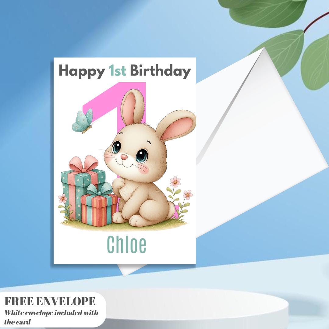 Rabbit 1st Birthday Card | Personalised Baby Girl Greeting Card | Custom Number Card for your niece from grandma, aunt or loved one
