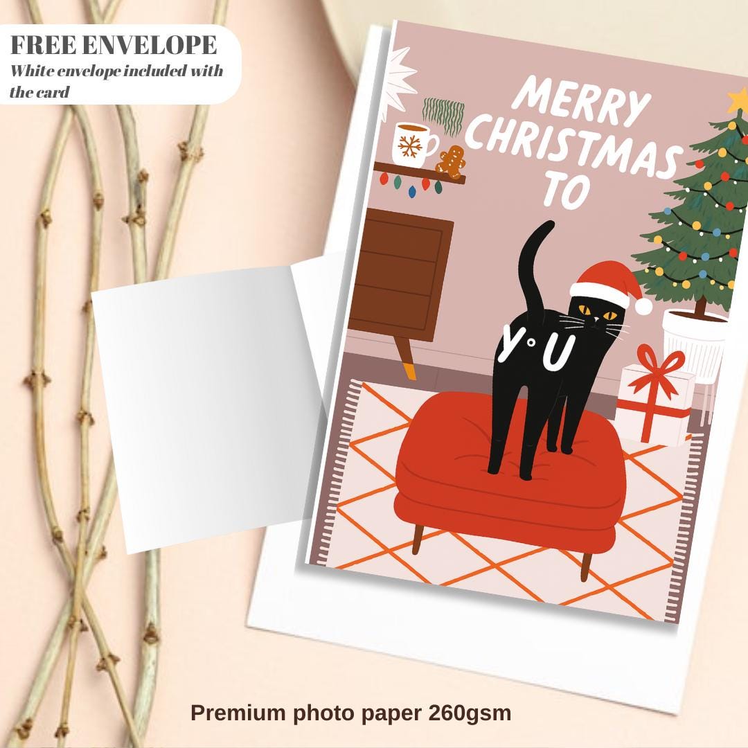 Funny Cat Christmas Card - Christmas Lover Cat - Funny Xmas Cards For Cat Lovers - Cat wishes you Merry Christmas to you, cat mums postcard