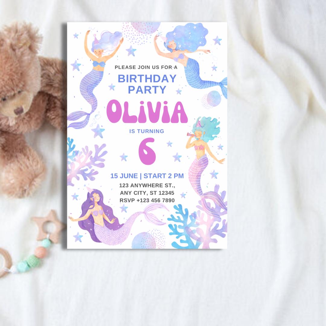 Siren Birthday Invitation, Invite card  Birthday,  Birthday Girl, Siren Birthday Party Invite pack of 10/20/30 invitations card