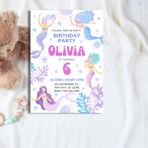 Siren Birthday Invitation, Invite card  Birthday,  Birthday Girl, Siren Birthday Party Invite pack of 10/20/30 invitations card