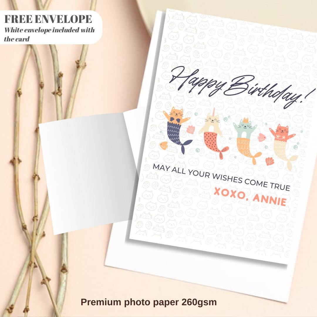 Personalised Cat Sirene Birthday Card, Birthday Cards, Cats Birthday Cards, Party Cats Cards, Birthday card  cute cat card