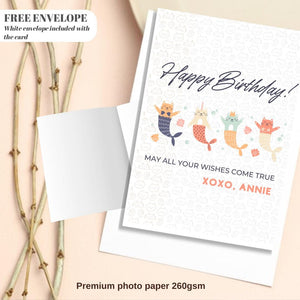 Personalised Cat Sirene Birthday Card, Birthday Cards, Cats Birthday Cards, Party Cats Cards, Birthday card  cute cat card