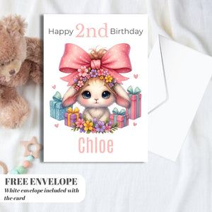 Happy 2nd Rabbit  Birthday Card | Personalised Baby Girl Greeting Card | Custom Number Card for your niece from grandma, aunt or loved one