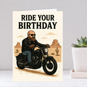 Ride Your Birthday Biker Card – Harley Rider Birthday Greeting Card, Funny Motorcycle Gift for Him, Bearded Biker Rocker Art Print