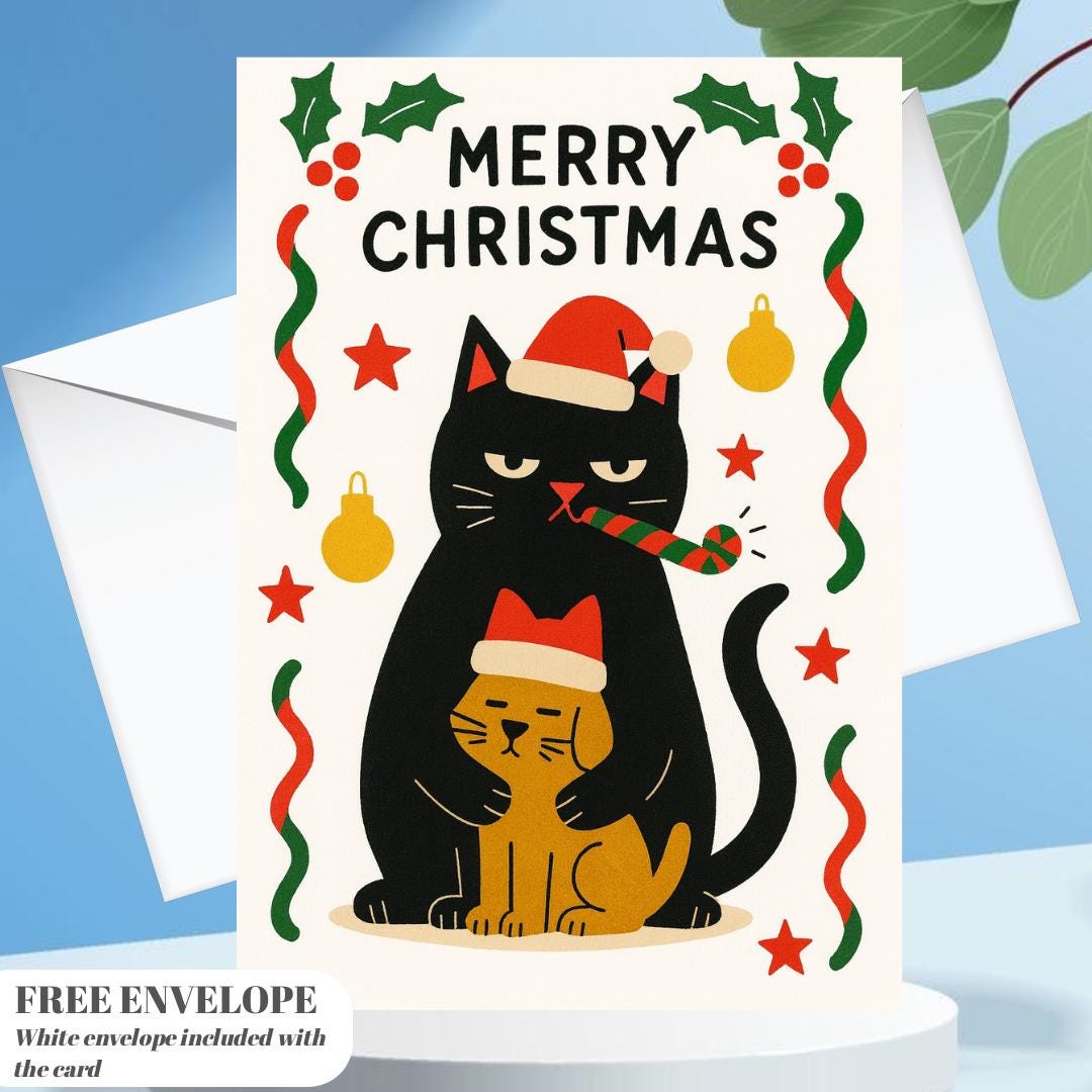 Funny Cat dog Christmas Card - dog Christmas Cat - Funny Xmas Cards For Cat Lovers - Cat cuddle dog ornaments, cat mums Funny postcard