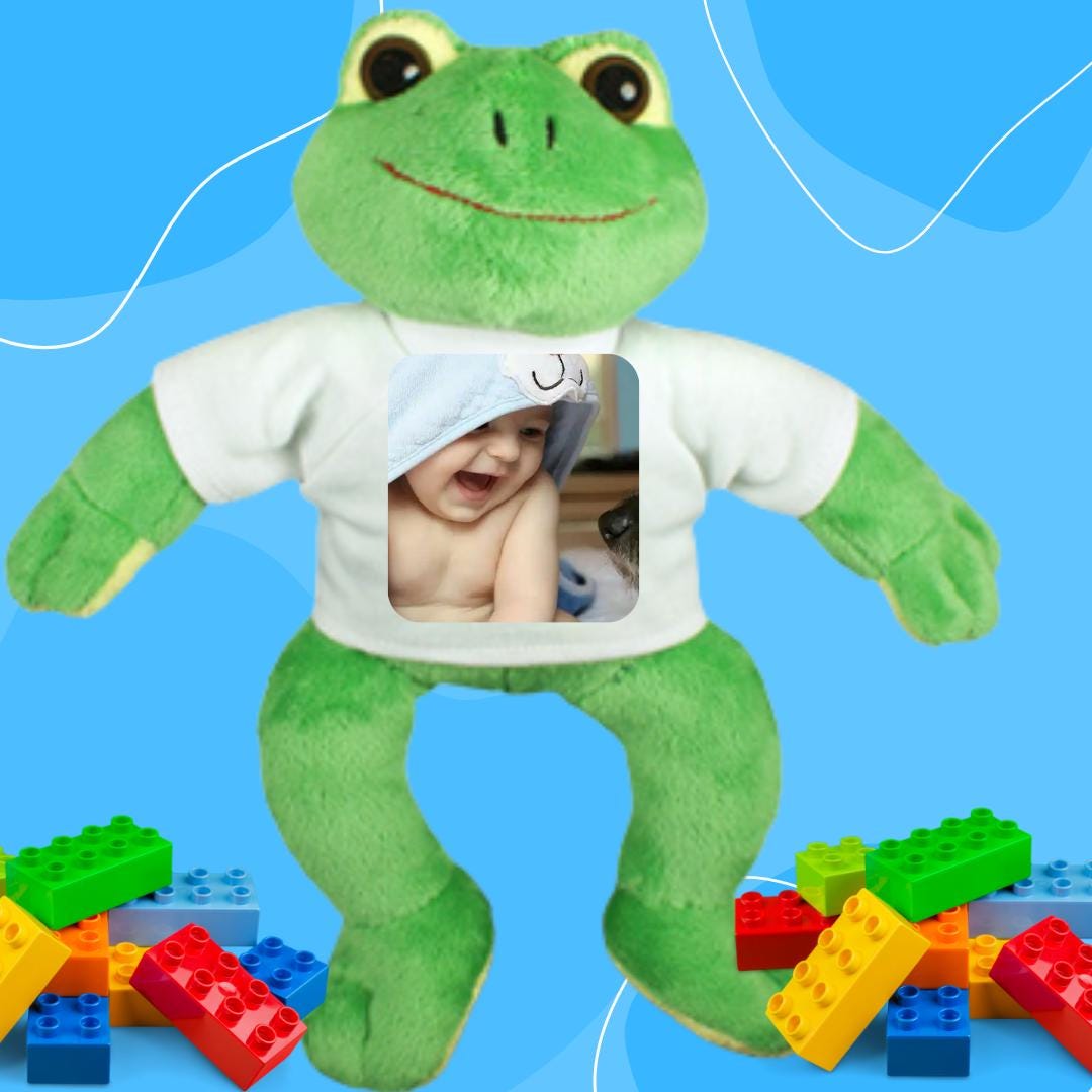 Personalized Frog Plush Toy with Photo or Text | Custom Gift for Baby, Kids, Mom, Grandma, Friend