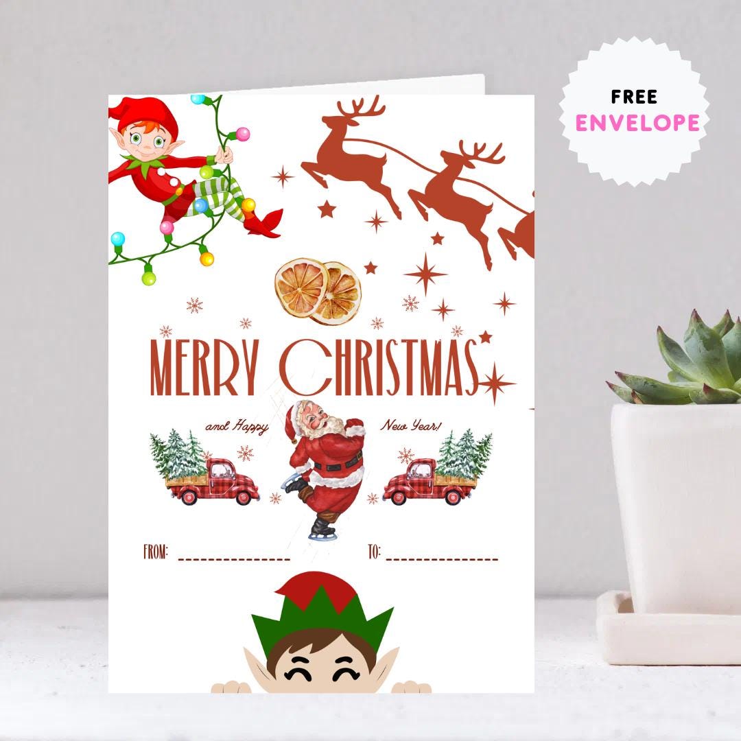 Personalised Christmas Card – Santa on Skates & Elf Lights | Funny Elegant A5 Holiday Card | Custom Name “From / To” Gift