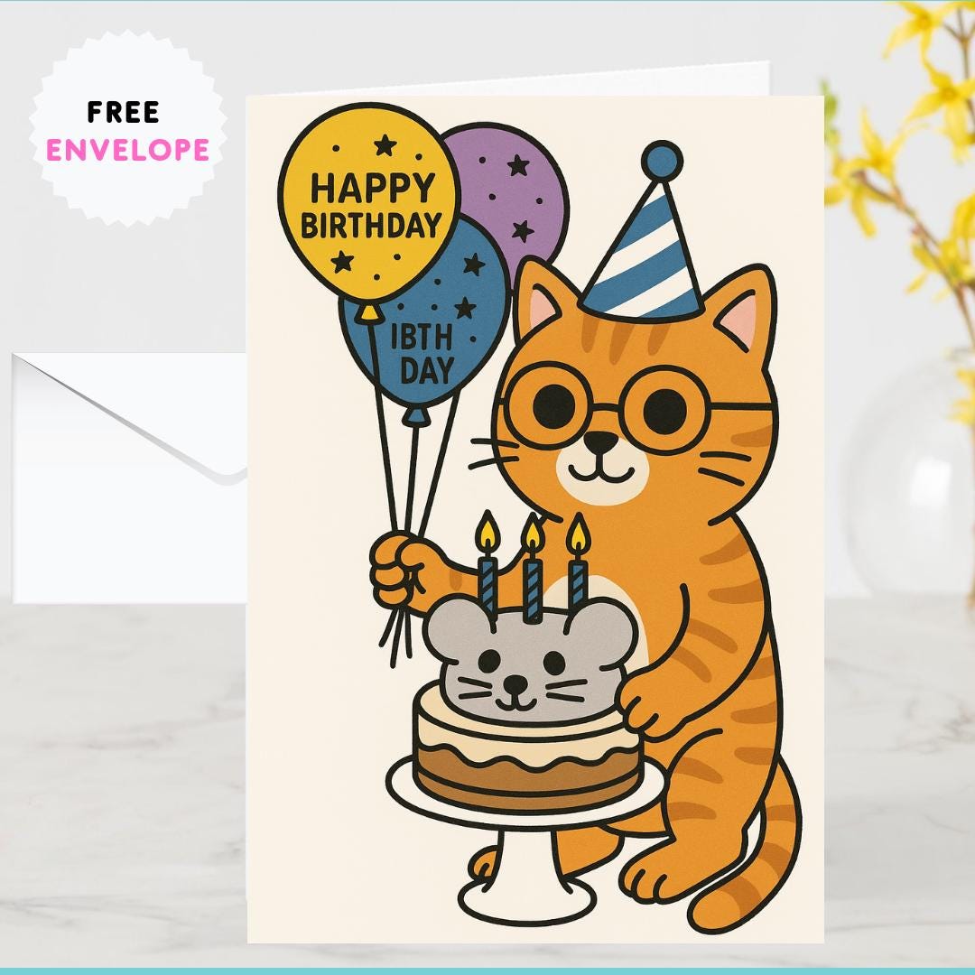 Cat Birthday Card – Cute Funny Greeting Card for Cat Lovers, Happy Birthday Kitty, Mouse Cake Cat Card for Her or Him