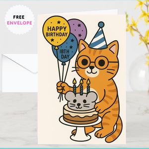 Cat Birthday Card – Cute Funny Greeting Card for Cat Lovers, Happy Birthday Kitty, Mouse Cake Cat Card for Her or Him