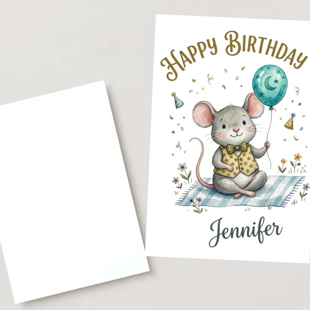 Personalised Happy Birthday Mouse Card – Cute Watercolor Mouse with Balloon & Bow Tie | Custom Name Ireland