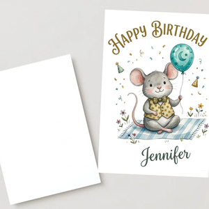Personalised Happy Birthday Mouse Card – Cute Watercolor Mouse with Balloon & Bow Tie | Custom Name Ireland