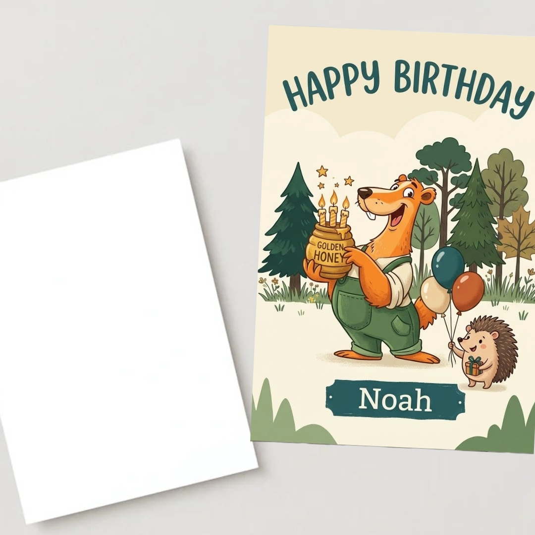 Personalised Happy Birthday Badger & Hedgehog Card – Custom Kids Birthday Card with Honey Jar & Balloons | Ireland