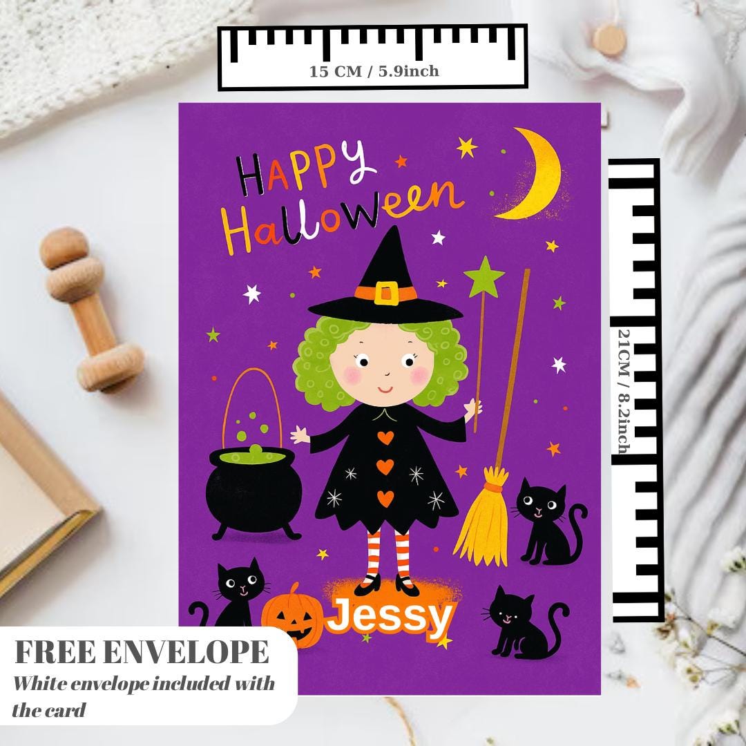 Personalised Halloween Card - Little Witch - Cheeky Gift For Cat Lovers - For Sister Brother Friends