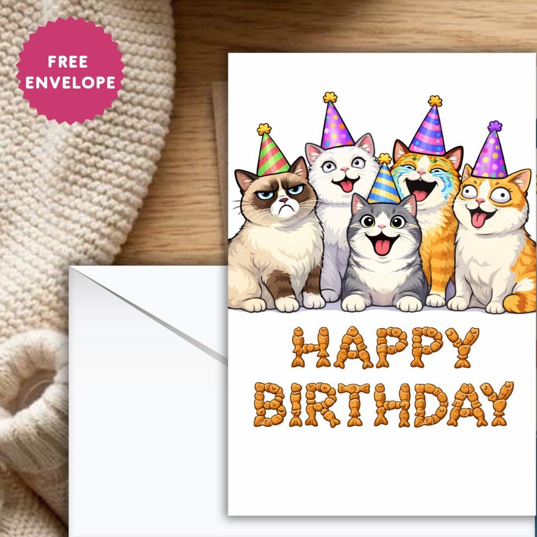 Cat Birthday Funny Greeting Card, Meme Cats Party Card, Cat Lover Birthday Card, Cute Pet Birthday Card