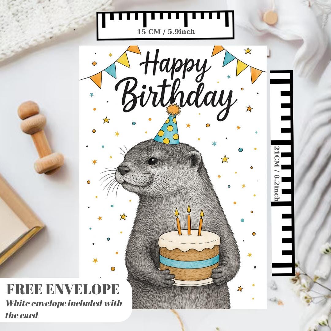 Otter Birthday card animal birthday card wildlife art card hand drawn animal art cute otter card