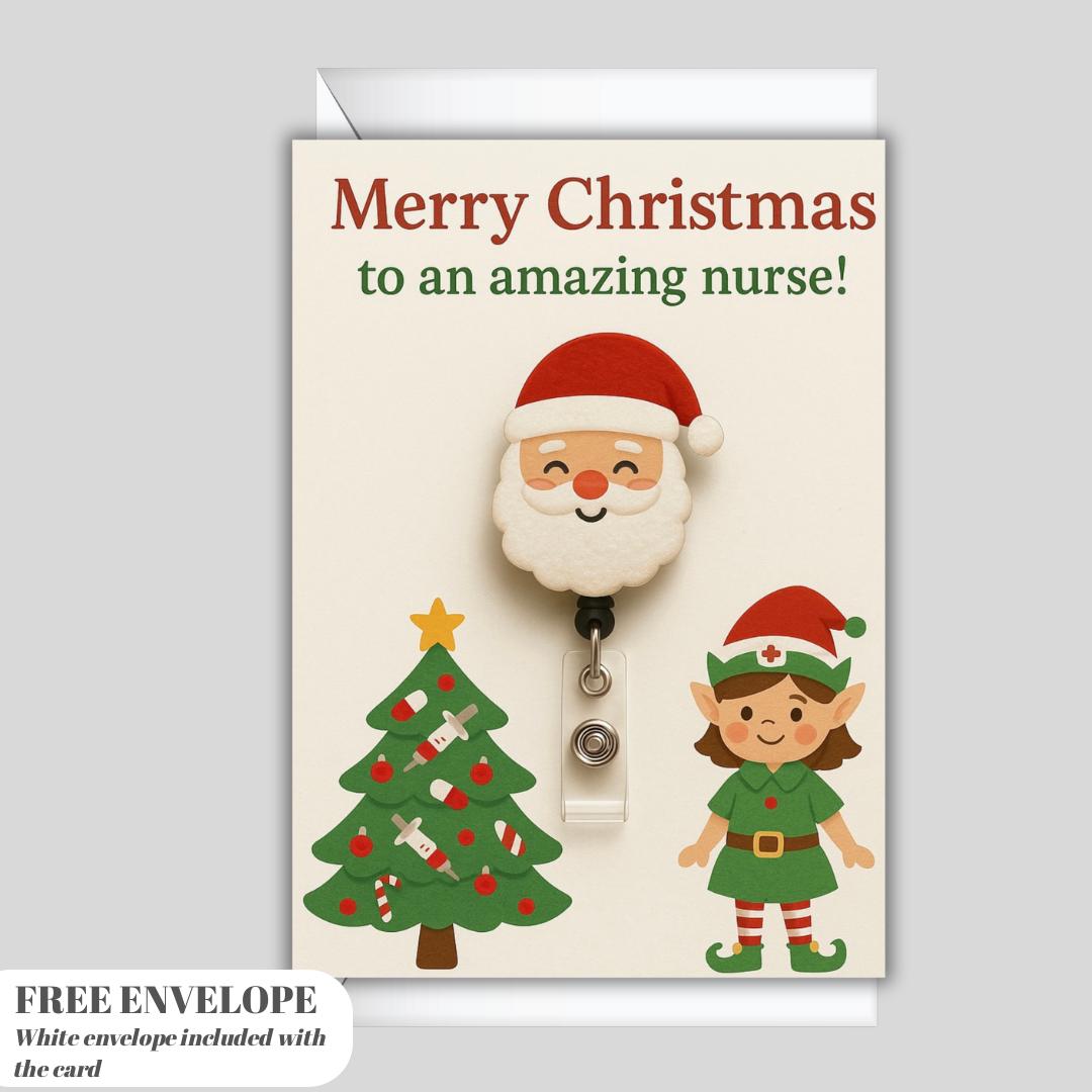 Christmas Greeting Card for Nurse – Santa, Nurse Elf & Medical Tree Design, A5 Funny Holiday Card, Merry Christmas to an Amazing Nurse