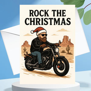 Rock the Christmas Biker Greeting Card – Santa Biker on Harley, Funny Motorcycle Christmas Card for Him, Bearded Rider Xmas Gift