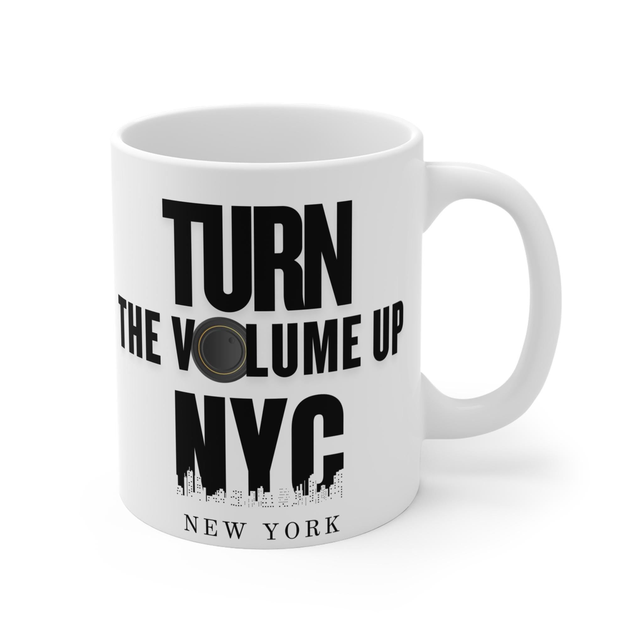 Turn the Volume Up NYC Mug | New York skyline, speaker graphic