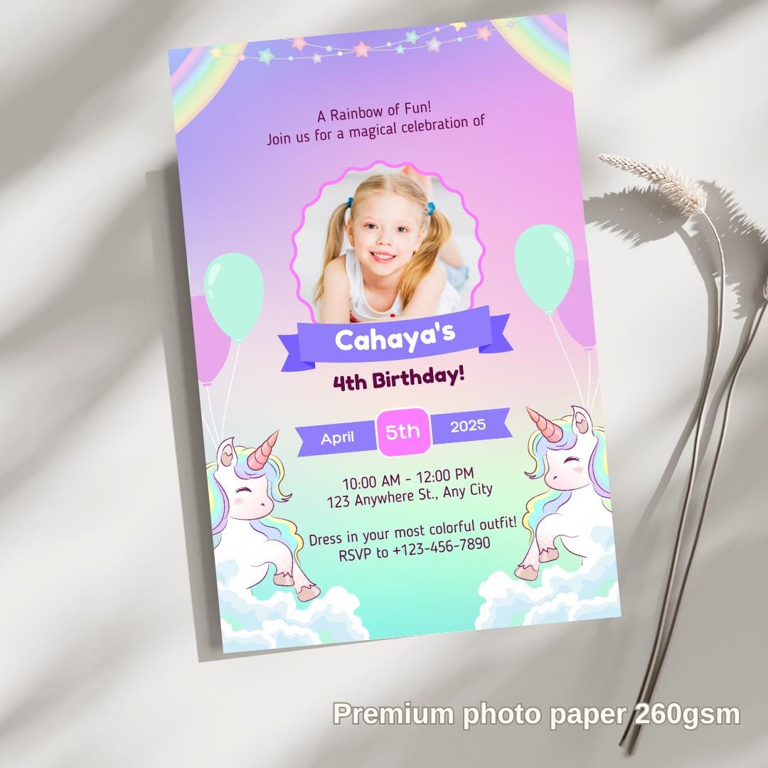 Unicorn birthday card invitation 5th, 7th, 6th, Personalised invitation for birthday party unicorn style invitation card with lovely Unicorn