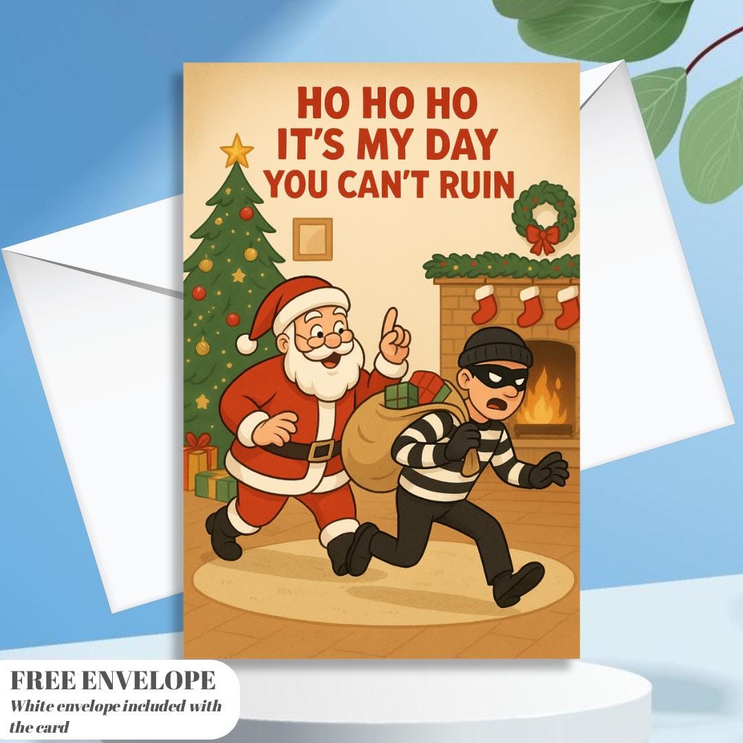 Funny Christmas Santa Card – Santa catches thief with Christmas gifts, funny Santa and thief greeting card