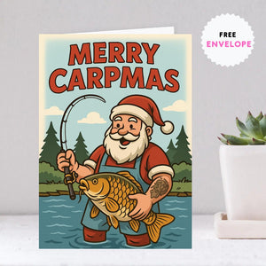 Merry Carpmas Fishing Christmas Card – Funny Santa Big Carp Catch Card for Fishermen, Carp Fishing Lovers & Anglers