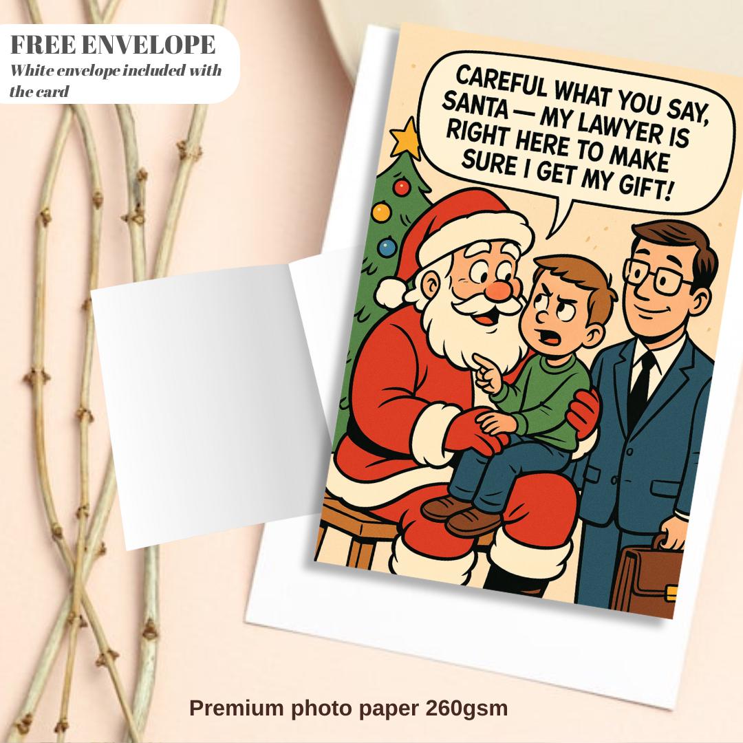 Funny Christmas Card | Funny Santa Cartoon | Kid with Lawyer Christmas Gift | Holiday Humor Print | Santa Claus Joke Poster
