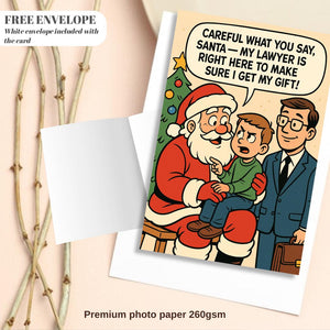 Funny Christmas Card | Funny Santa Cartoon | Kid with Lawyer Christmas Gift | Holiday Humor Print | Santa Claus Joke Poster