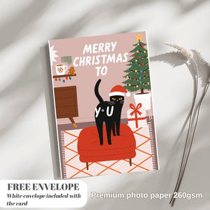 Funny Cat Christmas Card - Christmas Lover Cat - Funny Xmas Cards For Cat Lovers - Cat wishes you Merry Christmas to you, cat mums postcard