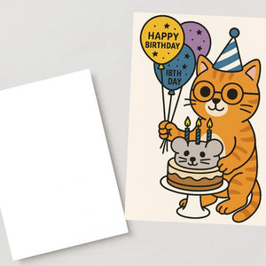Cat Birthday Card – Cute Funny Greeting Card for Cat Lovers, Happy Birthday Kitty, Mouse Cake Cat Card for Her or Him