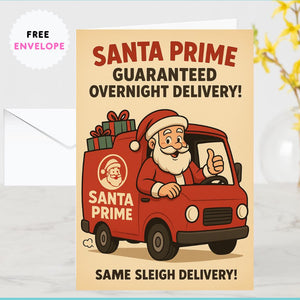 Funny Santa Prime Christmas Card – A5 Holiday Greeting Card with Envelope, Retro Santa Delivery Card, Humorous Xmas Gift
