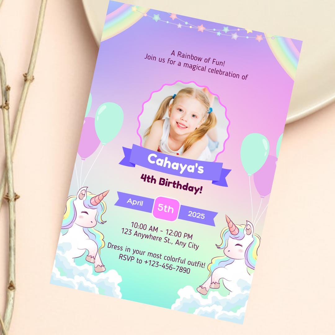 Unicorn birthday card invitation 5th, 7th, 6th, Personalised invitation for birthday party unicorn style invitation card with lovely Unicorn
