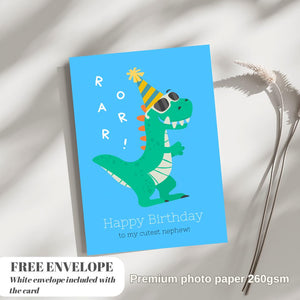 Dinosaur ROAR Birthday Card with Envelope Greeting Happy Birthday For NEPHEW, som, friend a5 birthday card with envelope