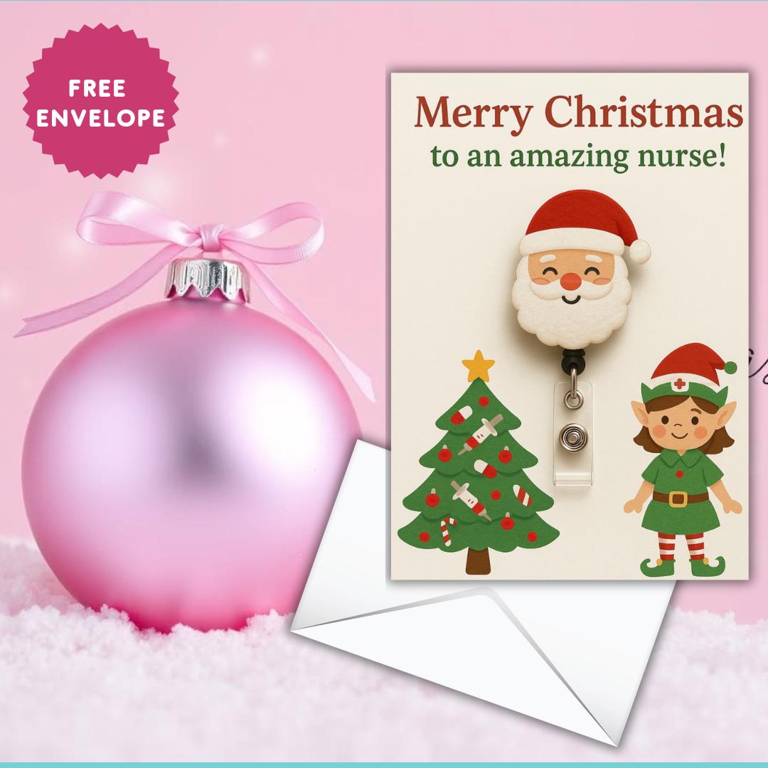 Christmas Greeting Card for Nurse – Santa, Nurse Elf & Medical Tree Design, A5 Funny Holiday Card, Merry Christmas to an Amazing Nurse
